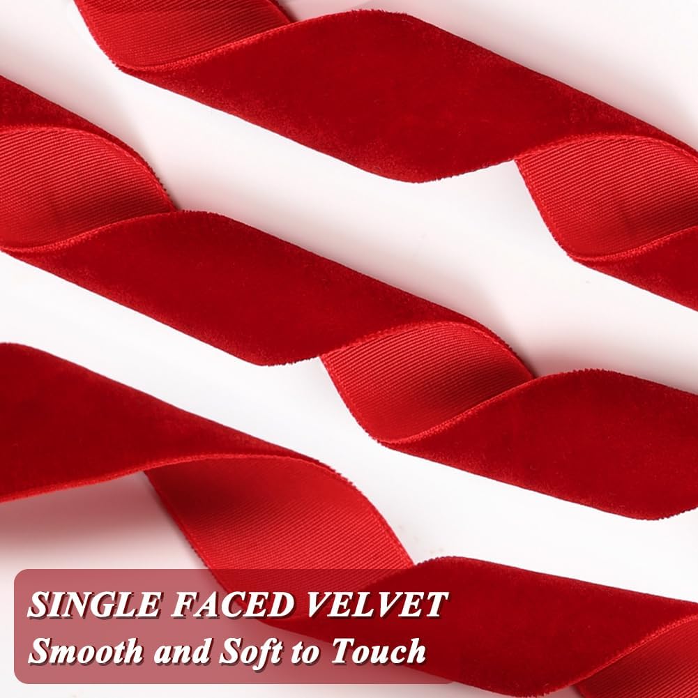 Red Velvet Ribbon, 1 Inch x 20 Yards Single Faced Red Ribbon for Gift Wrapping, Bow Making, Christmas Tree Decorations, Wreath Making and DIY Crafts 10 Yards Each Roll