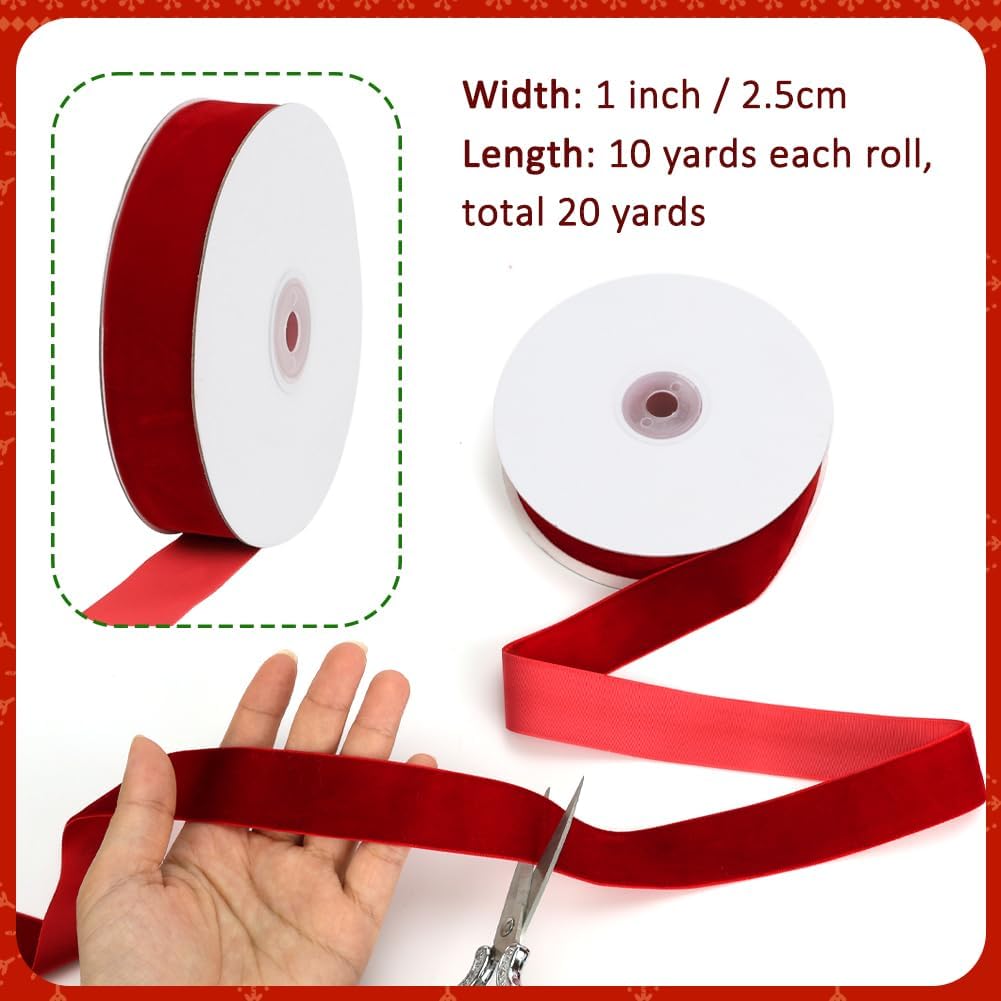 Red Velvet Ribbon, 1 Inch x 20 Yards Single Faced Red Ribbon for Gift Wrapping, Bow Making, Christmas Tree Decorations, Wreath Making and DIY Crafts 10 Yards Each Roll