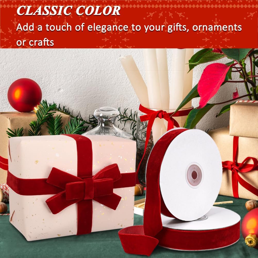 Red Velvet Ribbon, 1 Inch x 20 Yards Single Faced Red Ribbon for Gift Wrapping, Bow Making, Christmas Tree Decorations, Wreath Making and DIY Crafts 10 Yards Each Roll