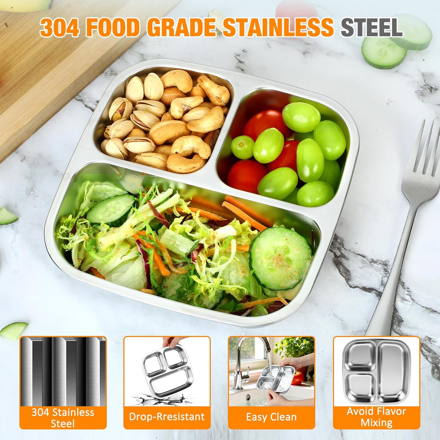 Stainless Steel Snack Containers With Lids, 3 Compartment Leak-proof Bento Box, 20 oz Reusable Grab and Go Food Storage Containers for School, Home, Office, and Camping, Dishwasher-Safe