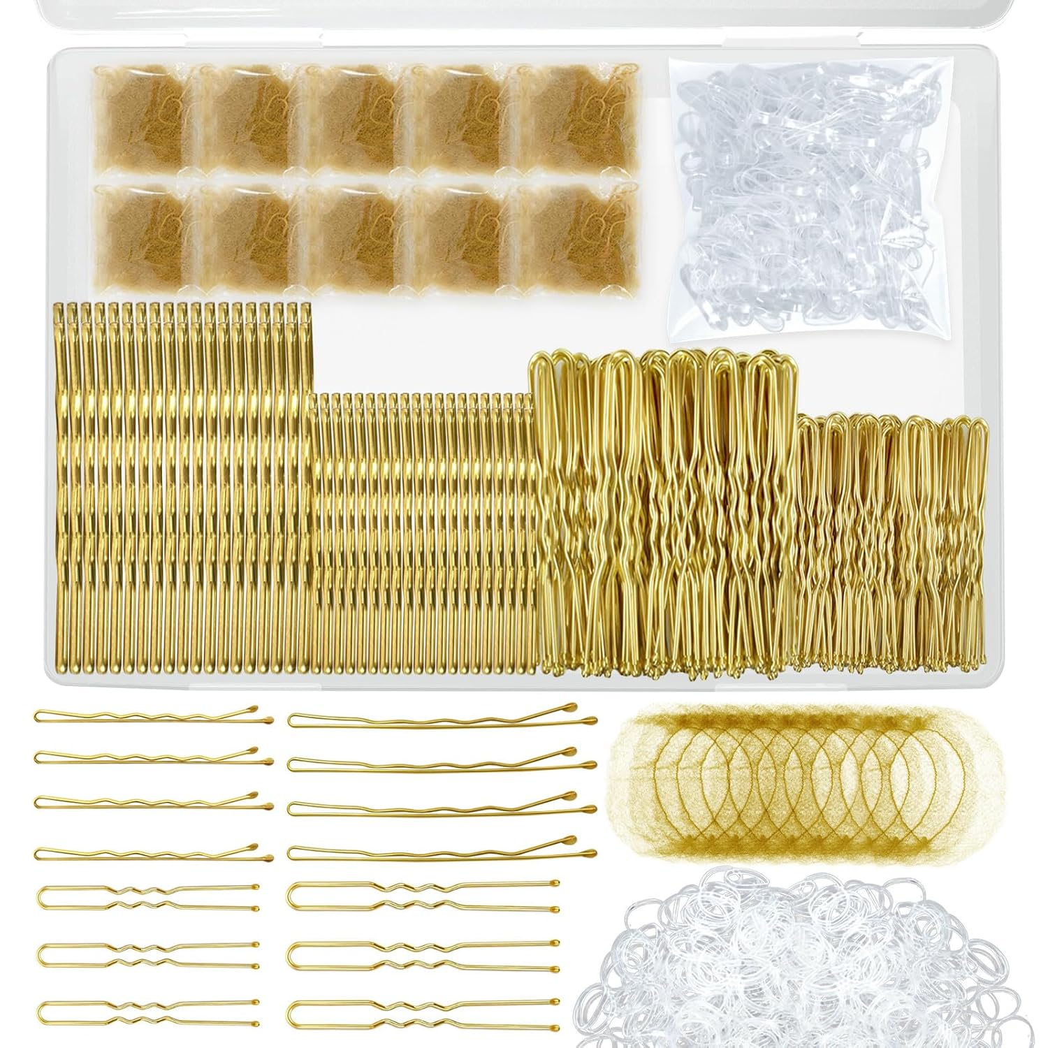 510PCS Blonde Bobby Pins Hair Pins Kit with Hair Net, Includes 100 Bobby Pins for Women, 100 U Shaped Buns Hair Clips, 300 Hair Bands and 10 Blonde Hair Nets, Dance competition must haves