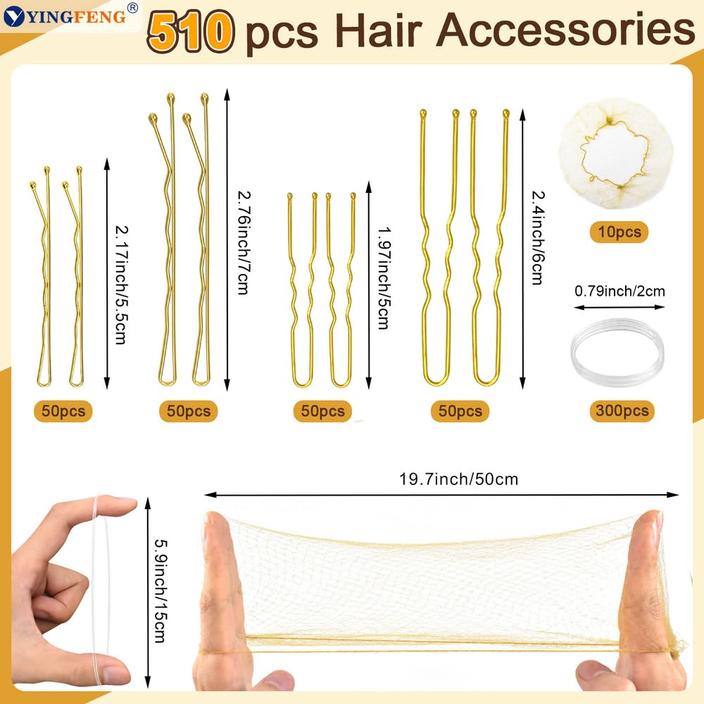 510PCS Blonde Bobby Pins Hair Pins Kit with Hair Net, Includes 100 Bobby Pins for Women, 100 U Shaped Buns Hair Clips, 300 Hair Bands and 10 Blonde Hair Nets, Dance competition must haves