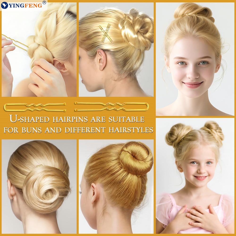 510PCS Blonde Bobby Pins Hair Pins Kit with Hair Net, Includes 100 Bobby Pins for Women, 100 U Shaped Buns Hair Clips, 300 Hair Bands and 10 Blonde Hair Nets, Dance competition must haves