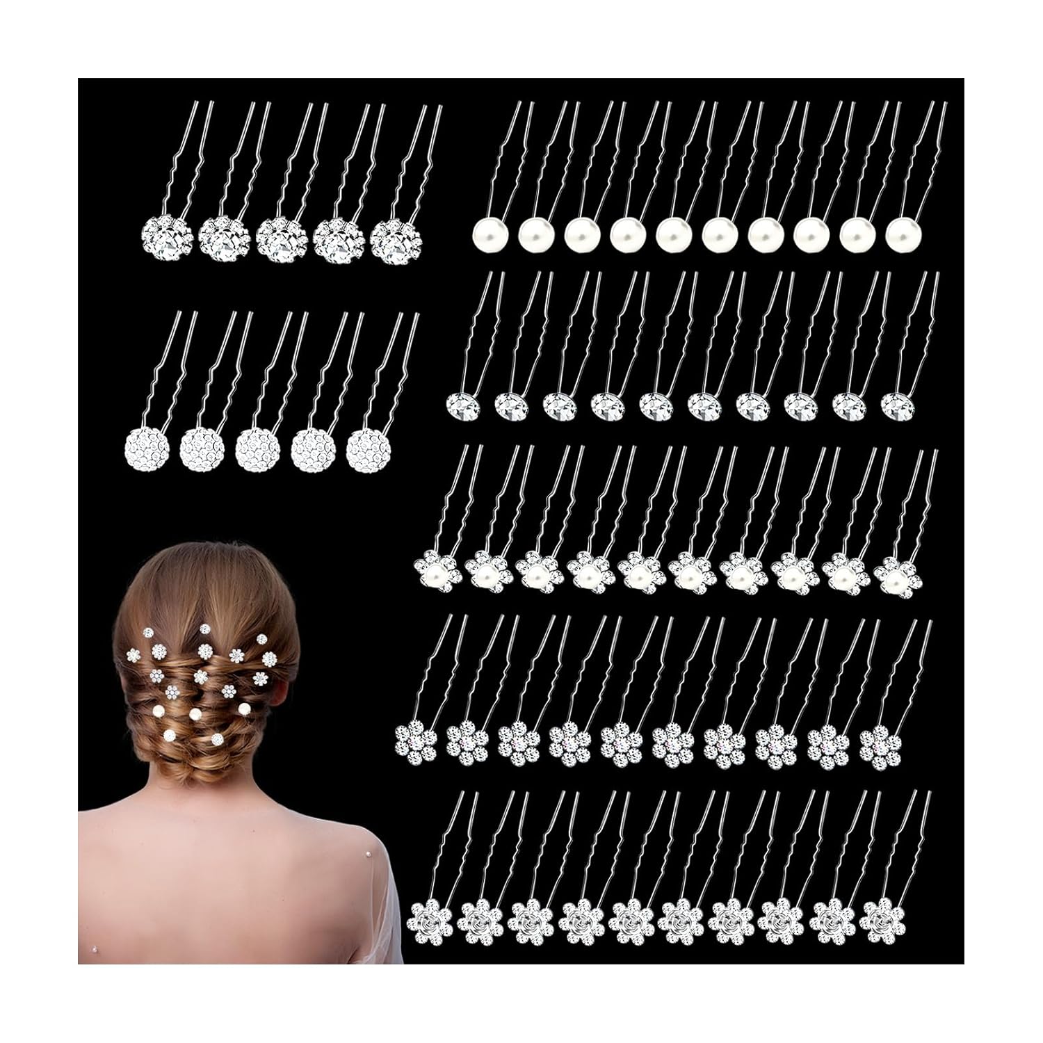 60 Pcs 7 Styles Silver Bridal Wedding Hair Pins, Flower Hair Clips for Women, U Shaped Crystal Pearl Hair Clips, Suitable for Brides, Bridesmaids, Women's Wedding Hair Accessories