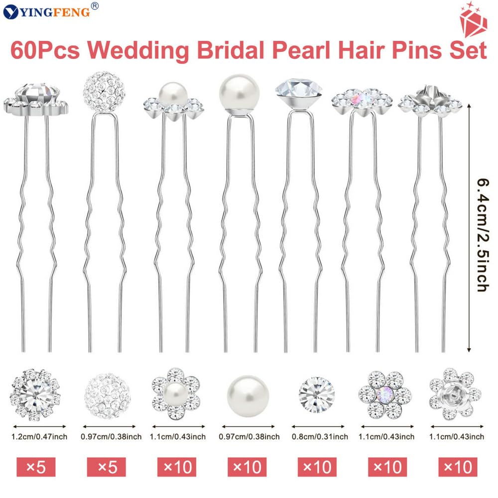 60 Pcs 7 Styles Silver Bridal Wedding Hair Pins, Flower Hair Clips for Women, U Shaped Crystal Pearl Hair Clips, Suitable for Brides, Bridesmaids, Women's Wedding Hair Accessories