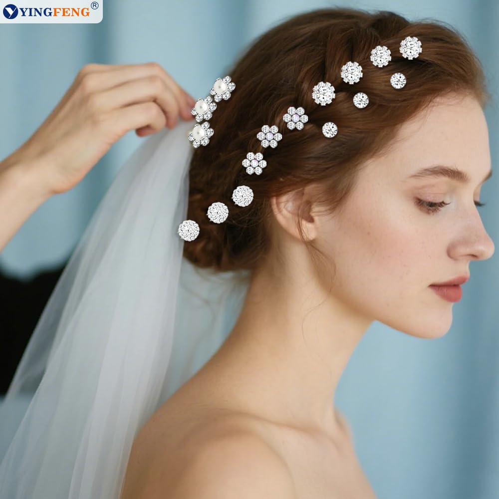 60 Pcs 7 Styles Silver Bridal Wedding Hair Pins, Flower Hair Clips for Women, U Shaped Crystal Pearl Hair Clips, Suitable for Brides, Bridesmaids, Women's Wedding Hair Accessories