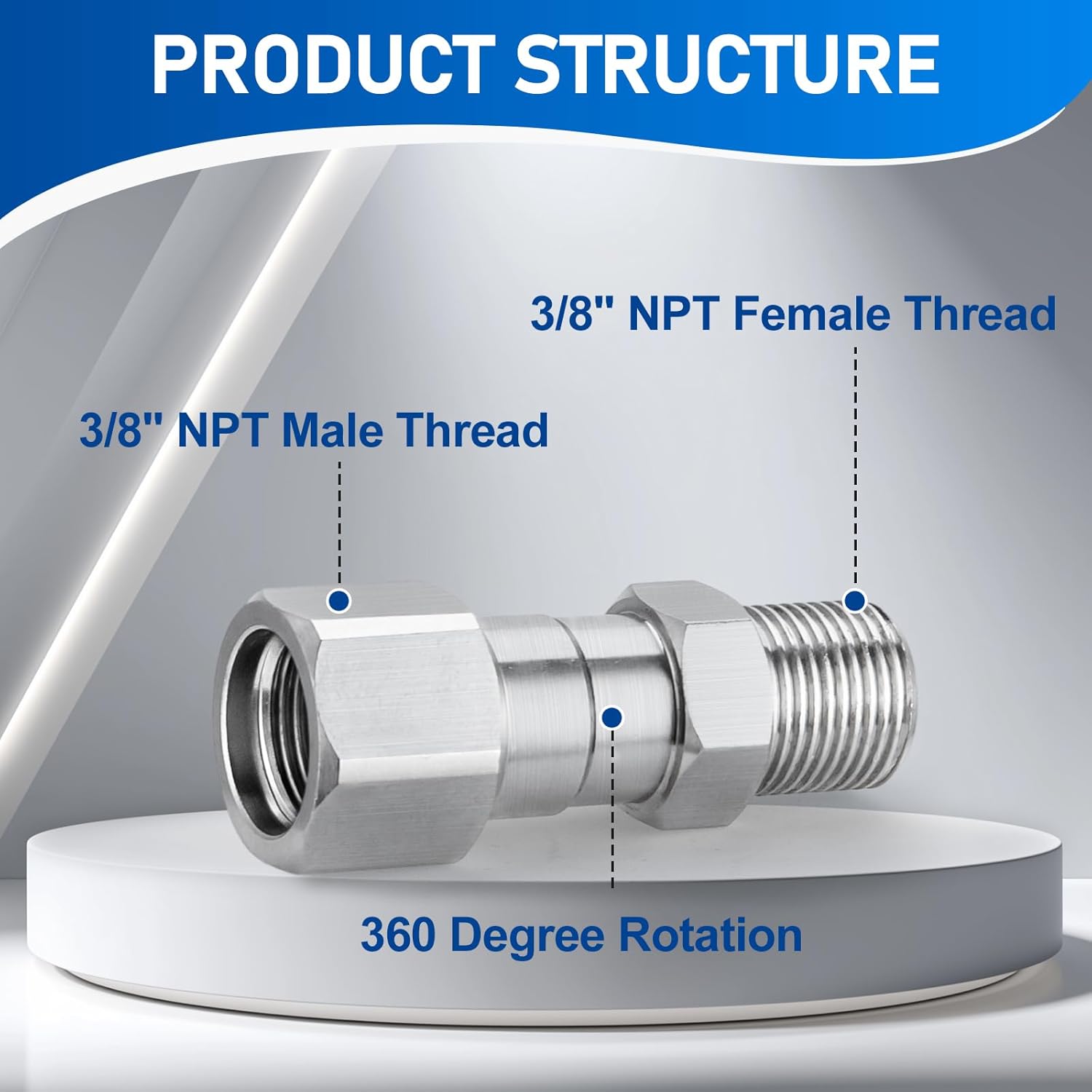 Pressure Washer Swivel Fitting, 3/8" NPT Thread Fittings, 3/8” Male to Female Adapter, Stainless Steel 360 Degree Swivel Connector for Pressure Washer Gun & Hose, 5000 PSI