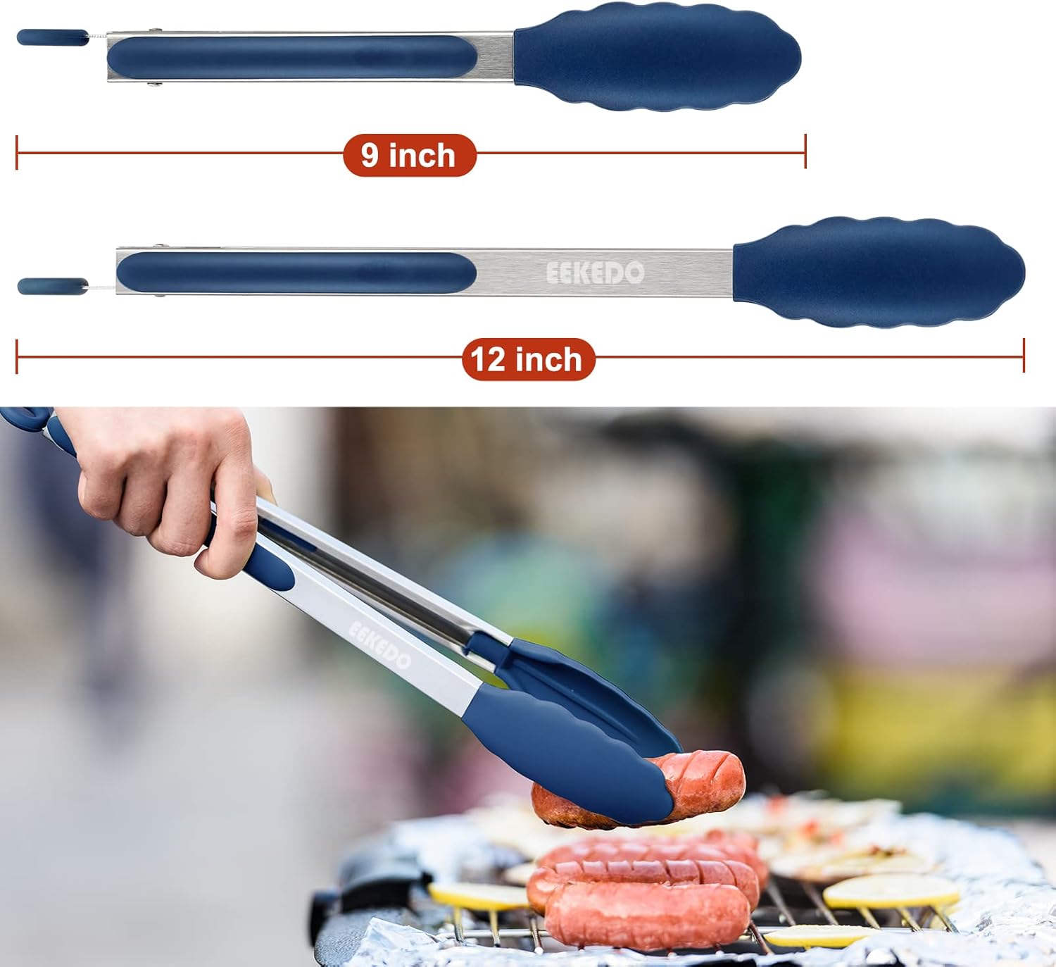 Tongs for Cooking, 600ºF High Heat-Resistant Stainless Steel Kitchen Tongs with Silicone Tips, Non Scratch, Locking Tong for BBQ Grilling Air Fryer Food Salads, Set of 2 9" and 12" Navy Blue