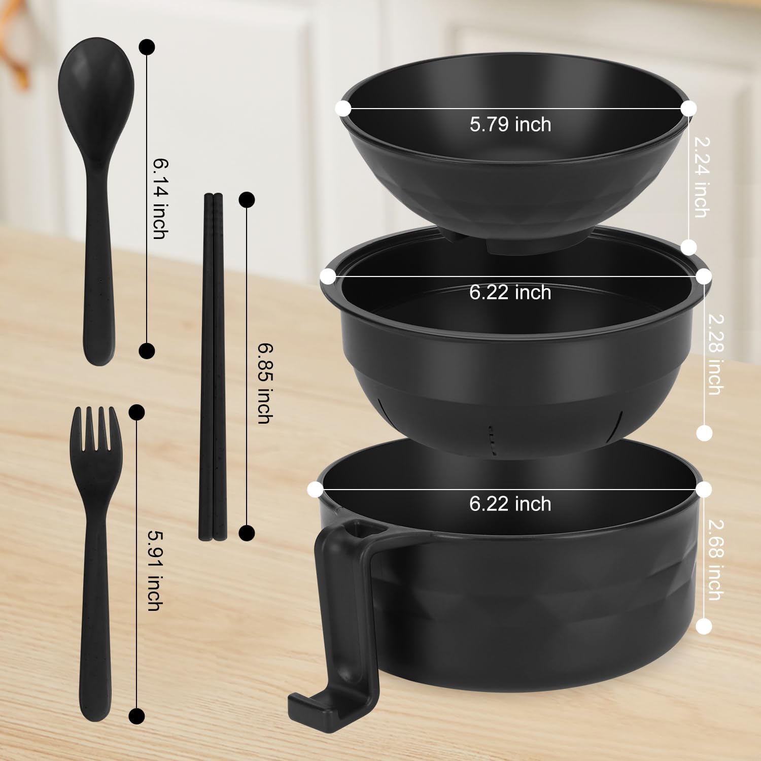 Ramen Bowl Set, Ramen Cooker 33 oz, Ramen Bowls with Chopsticks and Spoon, Microwave Pasta Cooker, College Dorm Essentials for Girls Guys Black