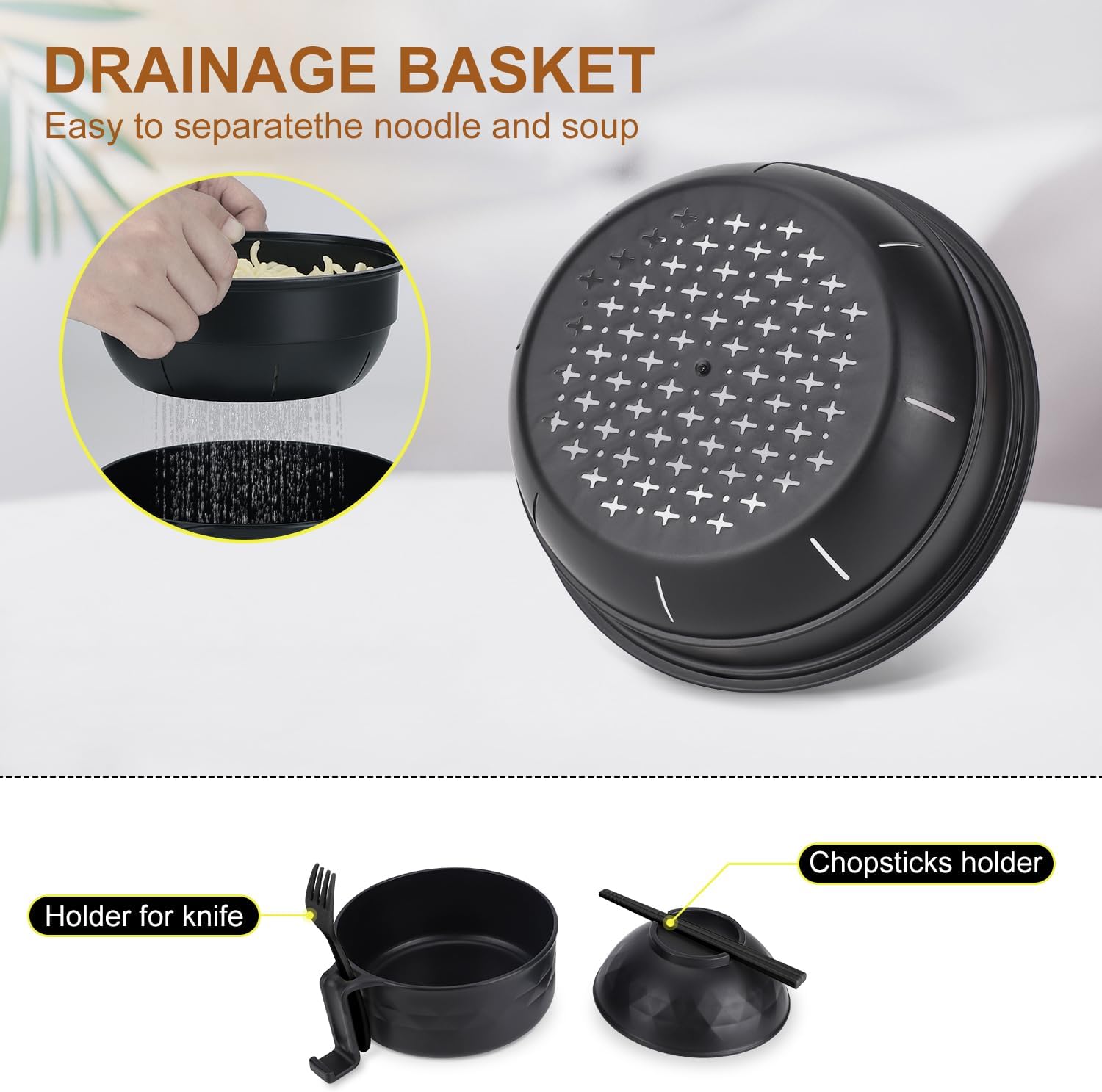 Ramen Bowl Set, Ramen Cooker 33 oz, Ramen Bowls with Chopsticks and Spoon, Microwave Pasta Cooker, College Dorm Essentials for Girls Guys Black
