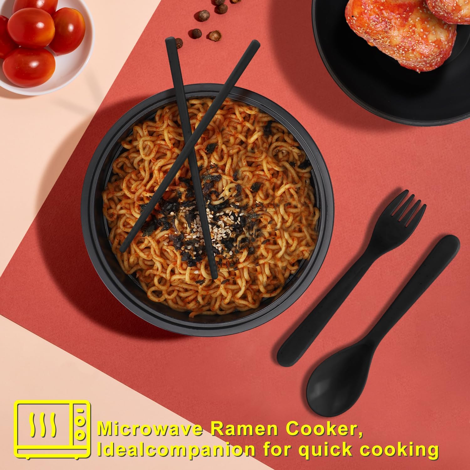 Ramen Bowl Set, Ramen Cooker 33 oz, Ramen Bowls with Chopsticks and Spoon, Microwave Pasta Cooker, College Dorm Essentials for Girls Guys Black