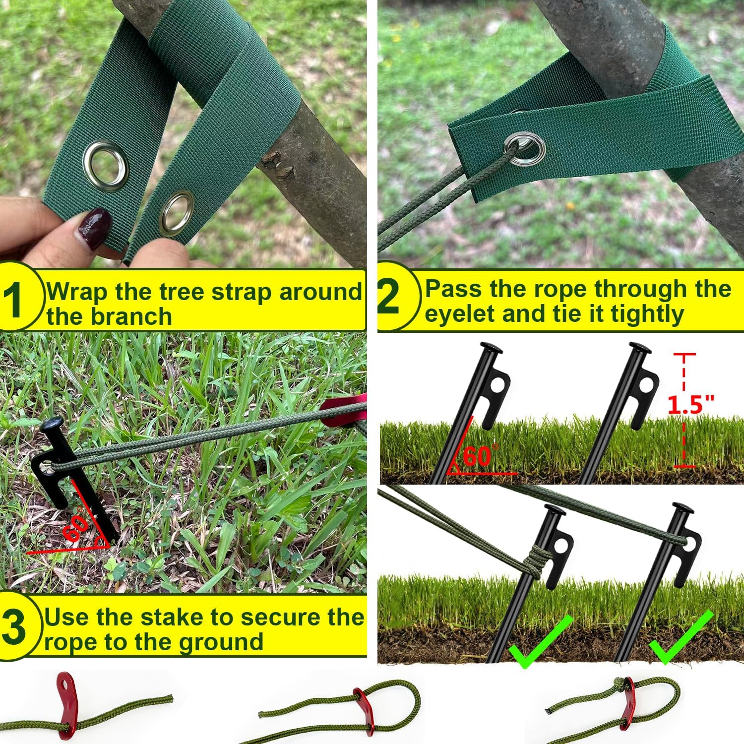 Tree Stakes and Supports, Heavy Duty Tree Stakes Kit Include 3Pcs Tree Straps for Staking, 3Pcs 12" Steel Spikes, and 39Ft Rope, Tree Supports for Young Tree Anti Strong Wind, Bad Weather