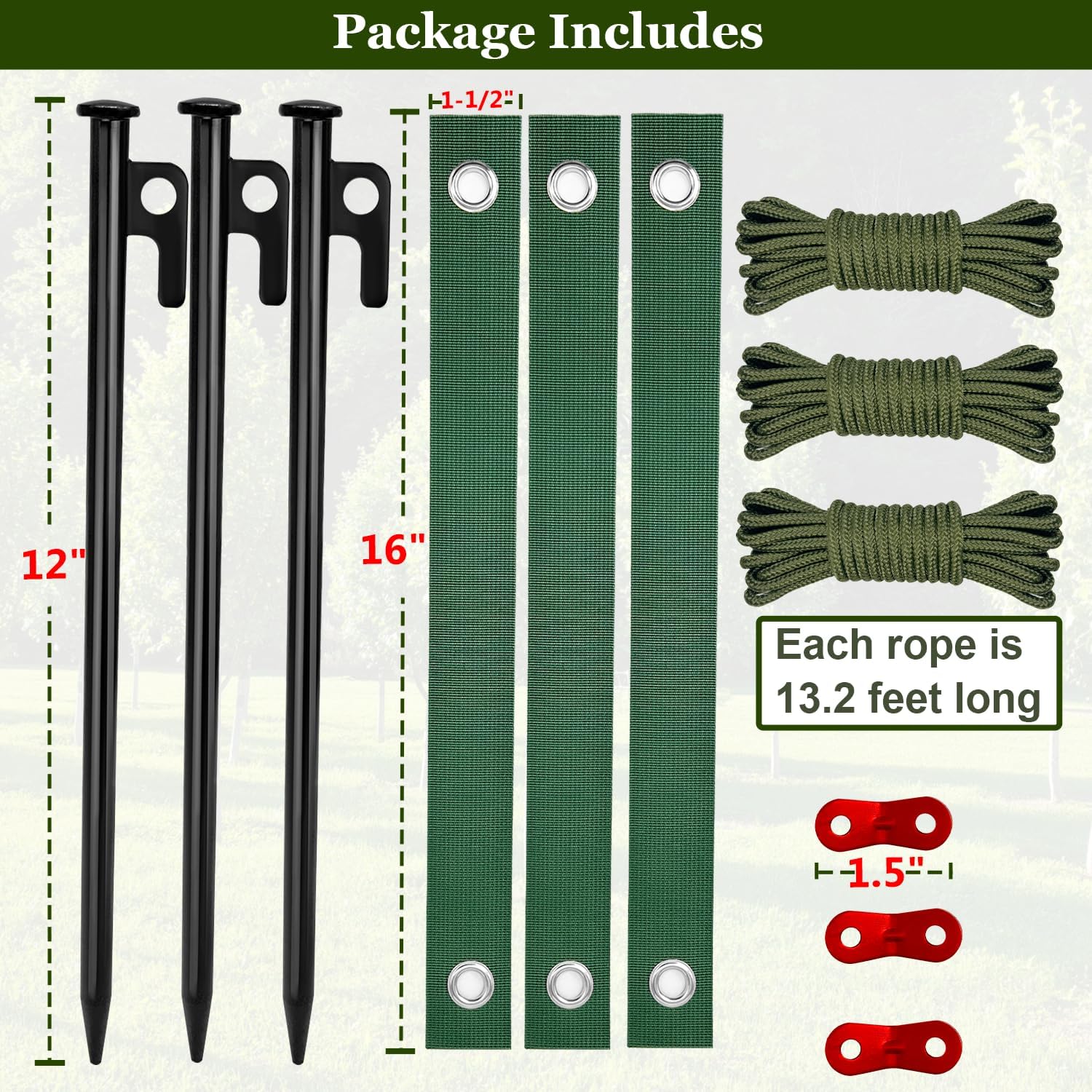 Tree Stakes and Supports, Heavy Duty Tree Stakes Kit Include 3Pcs Tree Straps for Staking, 3Pcs 12" Steel Spikes, and 39Ft Rope, Tree Supports for Young Tree Anti Strong Wind, Bad Weather