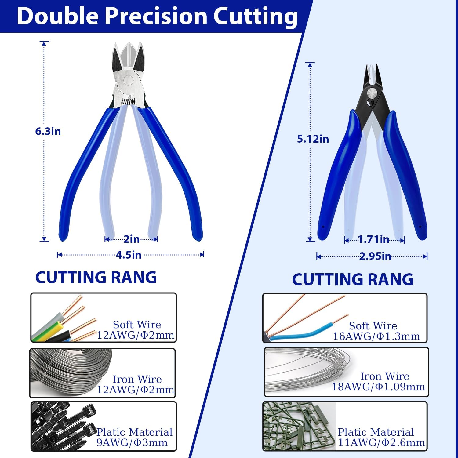 2 Pack Wire Cutters Set, 6" and 5" Ultra Sharp Flush Cutters, Carbon Steel Wire Cutters for Crafting, Electronics, 3D Prints, Jewelry Making, Model Sprue, Zip Ties 6"+ 5", Blue, 2 Pack