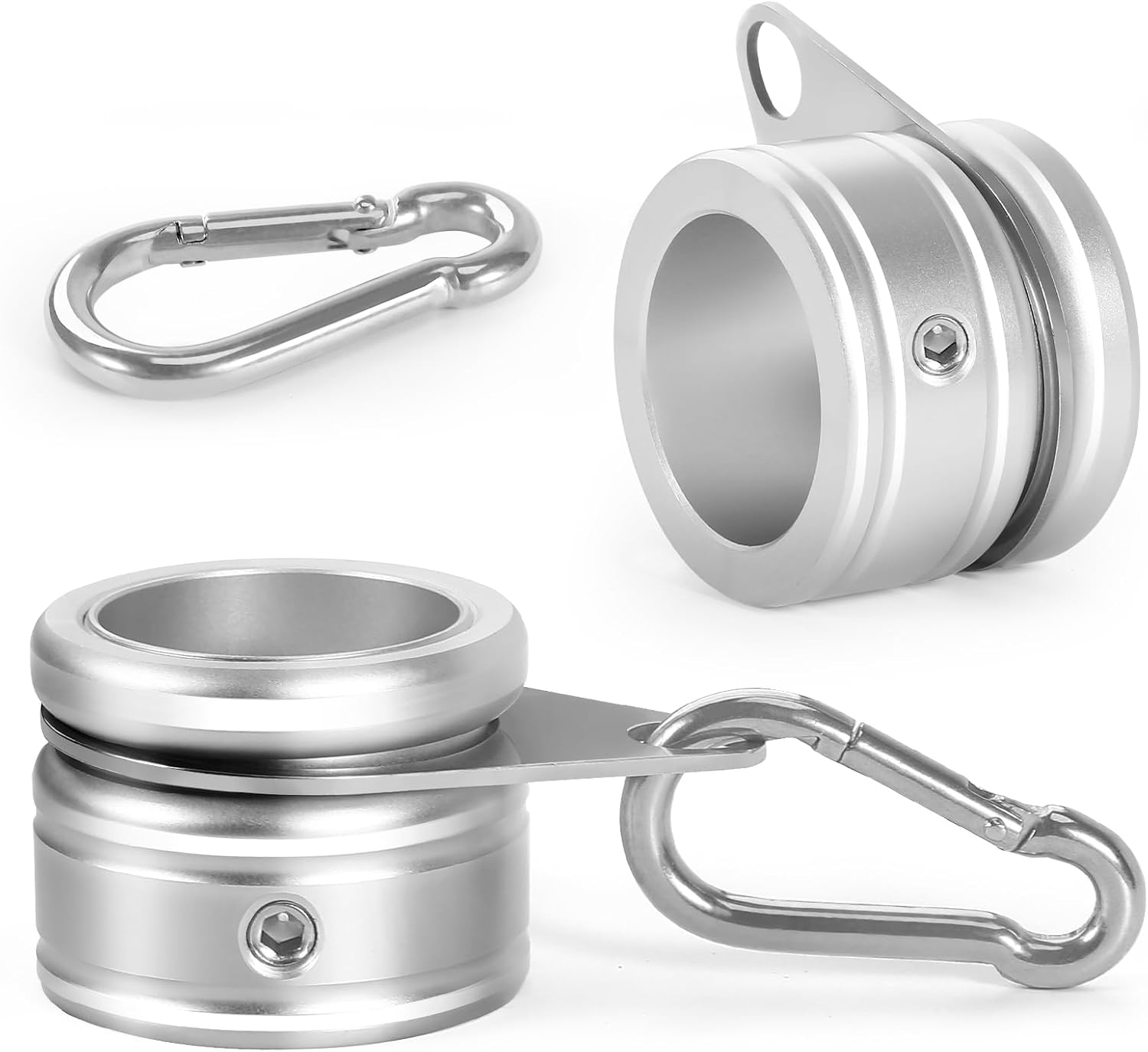 Flag Pole Rings, Aluminum Alloy Flag Pole Clips Swivels 360° Rotating Anti Wrap Mounting Ring with Carabiner, Flag Pole Kit Parts Φ:1 Inch -Pack of 2 Silver