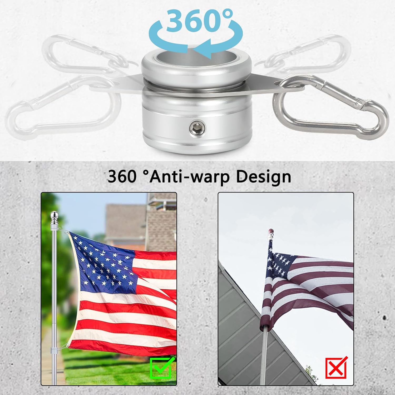Flag Pole Rings, Aluminum Alloy Flag Pole Clips Swivels 360° Rotating Anti Wrap Mounting Ring with Carabiner, Flag Pole Kit Parts Φ:1 Inch -Pack of 2 Silver