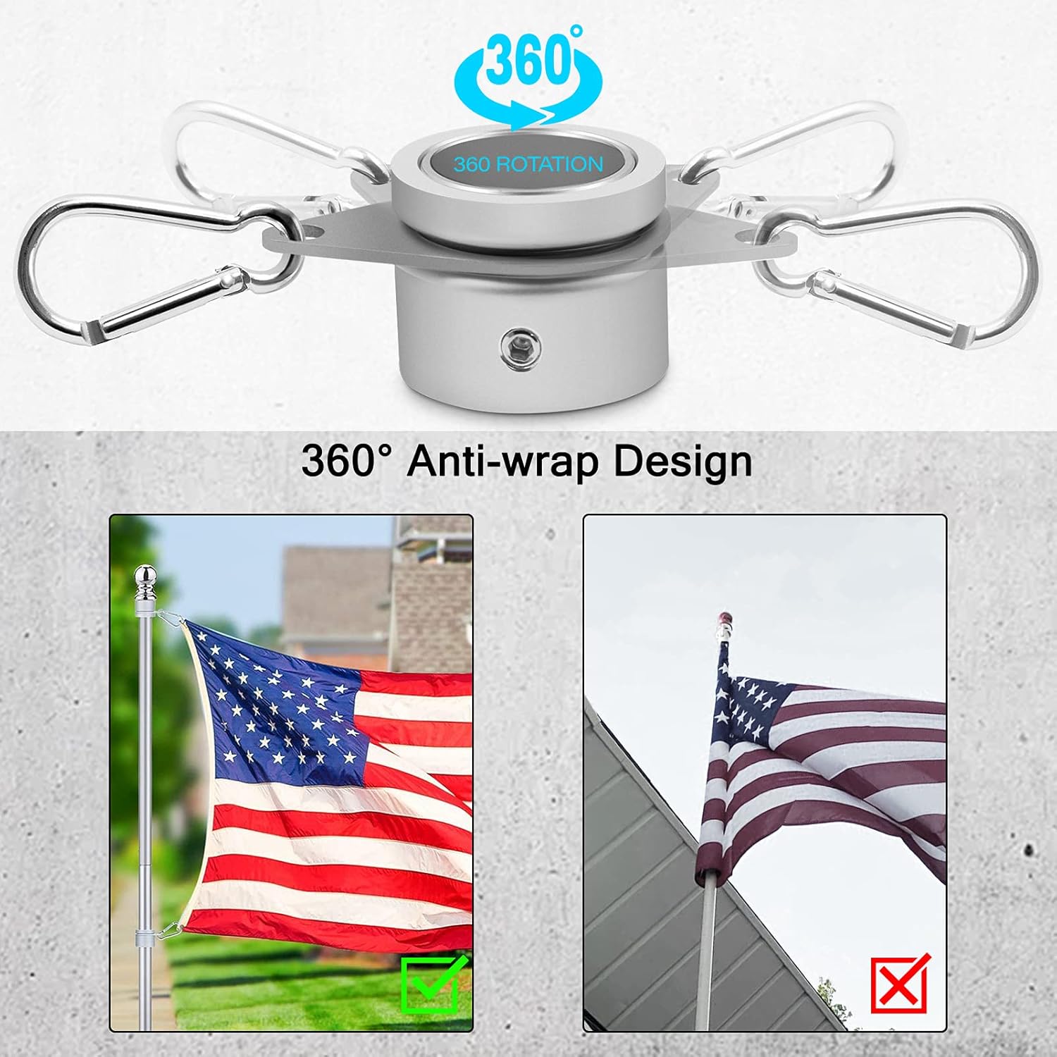 Flag Pole Rings, Aluminum Alloy Flagpole Rings 360° Rotating Anti Wrap Mounting Ring, Spinning Clips with Carabiner for 0.75-1.02 Inch Diameter- Pack of 2 Matte Silver