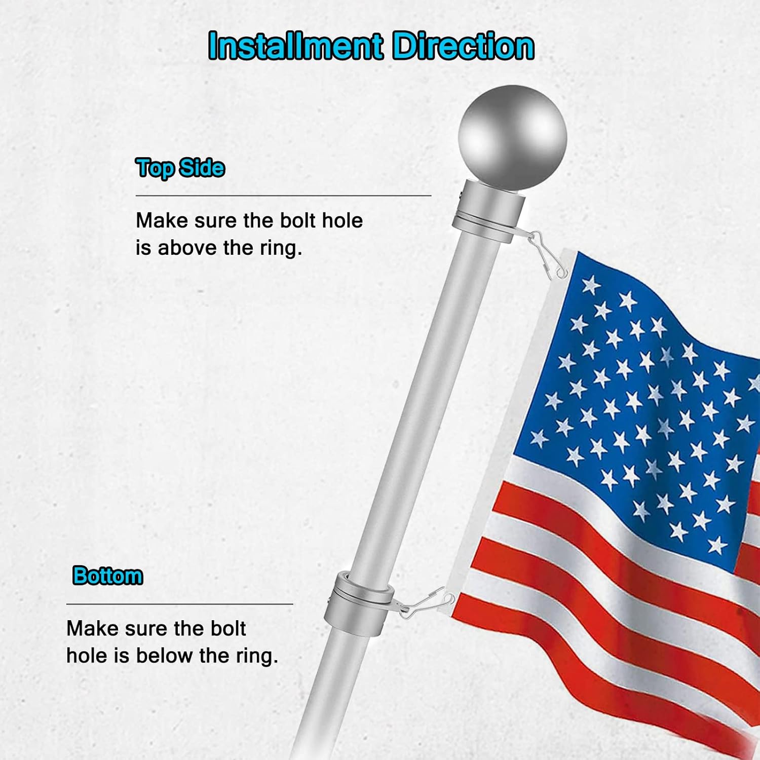 Flag Pole Rings, Aluminum Alloy Flagpole Rings 360° Rotating Anti Wrap Mounting Ring, Spinning Clips with Carabiner for 0.75-1.02 Inch Diameter- Pack of 2 Matte Silver