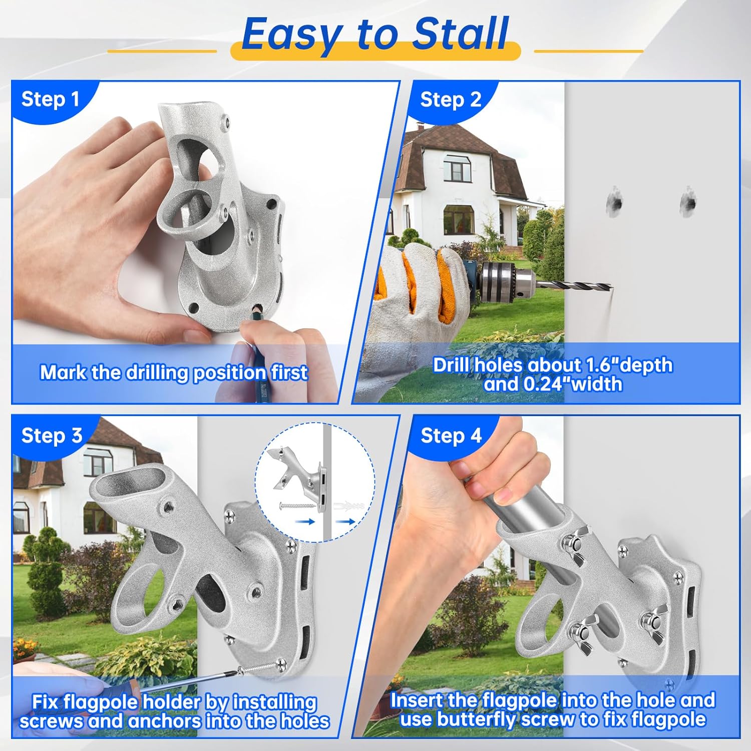 Flag Pole Holder, Flag Pole Brackets Mount Outside House Heavy-Duty Aluminum Metal Rust Proof Bracket 1" Inner Diameter 2 Positions with Hardwares for Outdoor Wall Mounting Porch Silver-1 Pack