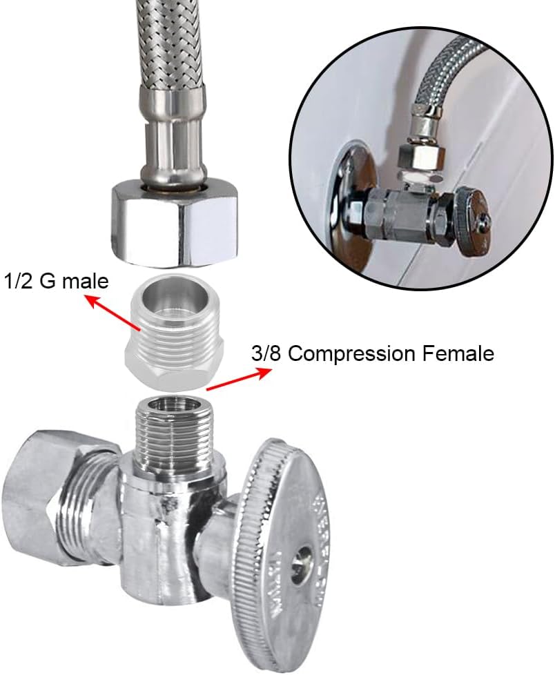 1/2 G Male to 3/8 Compression Female Thread Bushing Pipe Fitting, Nickel Plated Brass Reducer Faucet Connector Water Hose Adapter, Supply Line Adapter for RV Kitchen Bathroom Plumbing 2PCS
