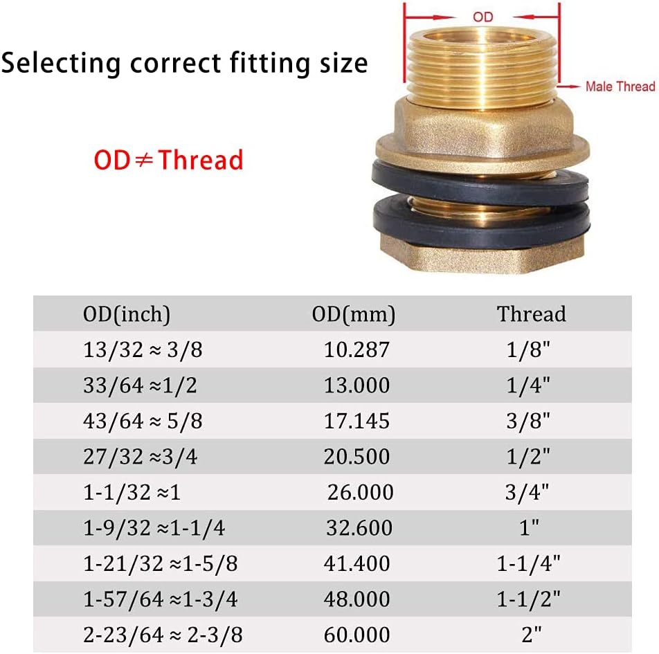 1/2" Female 3/4" Male Soild Brass Water Tank Connector Theaded Bulkhead Fitting With 2 Rubber Rings Stablizing