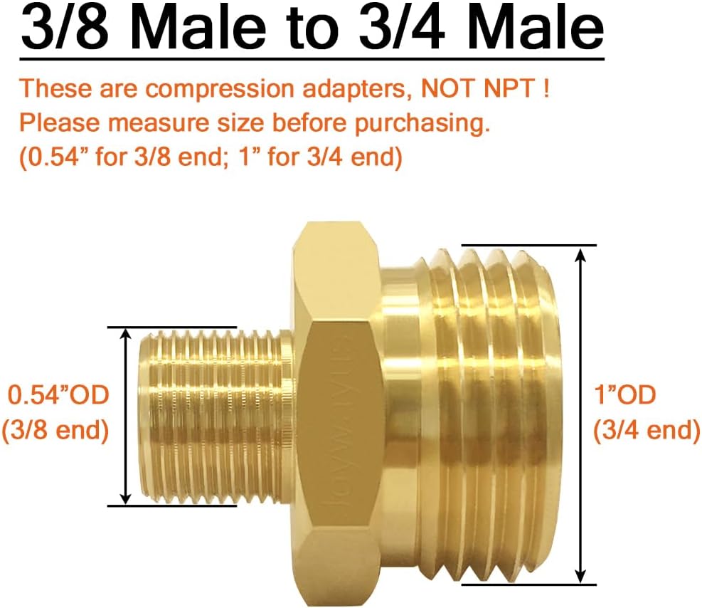 2PCS 3/4 GHT Male to 3/8 Compression Male Thread Adapter Pipe Fitting, Brass Reducer Faucet Connector Water Hose Adapter, Supply Line to Garden Hose Adapter for RV Kitchen Bathroom Plumbing