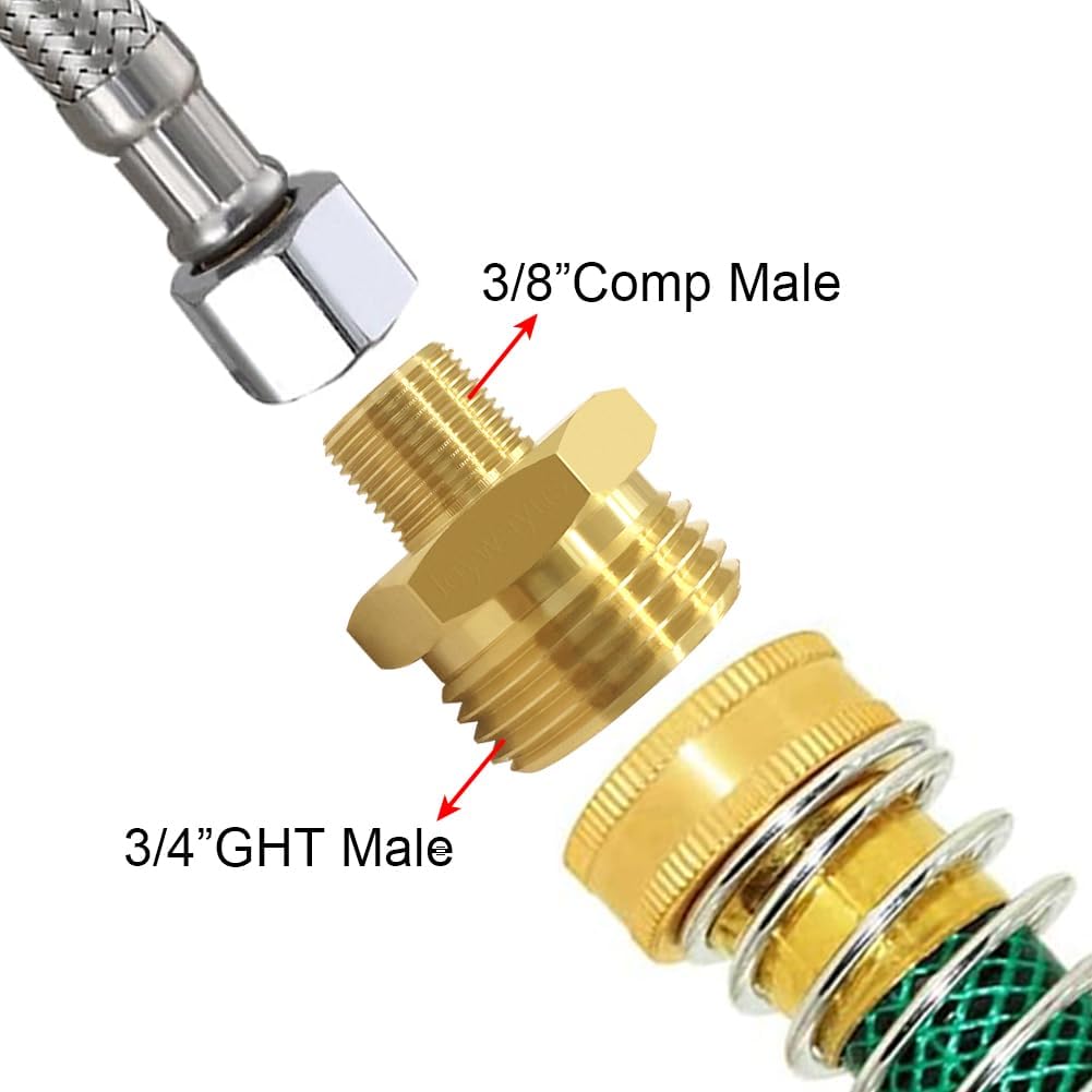 2PCS 3/4 GHT Male to 3/8 Compression Male Thread Adapter Pipe Fitting, Brass Reducer Faucet Connector Water Hose Adapter, Supply Line to Garden Hose Adapter for RV Kitchen Bathroom Plumbing