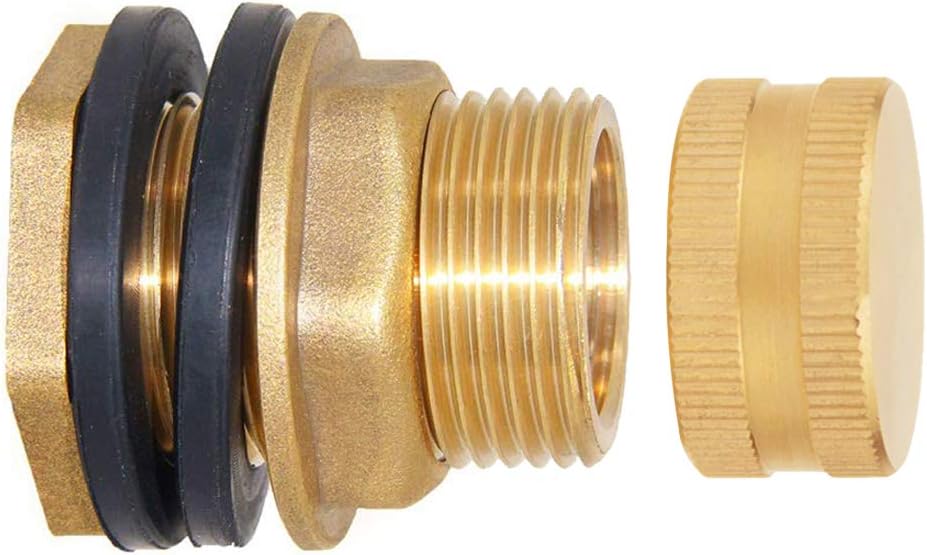 Brass Male Garden Hose Bulkhead Fitting with Plugs,1/2" Female 3/4" GHT Male Water Tank Connector Threaded and 3/4" GHT Female Outer Hex Head End Pipe Caps Drain/Flush Port Kit
