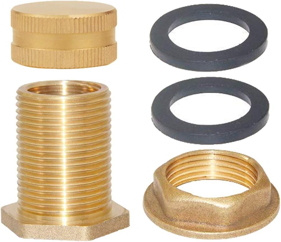 Brass Male Garden Hose Bulkhead Fitting with Plugs,1/2" Female 3/4" GHT Male Water Tank Connector Threaded and 3/4" GHT Female Outer Hex Head End Pipe Caps Drain/Flush Port Kit