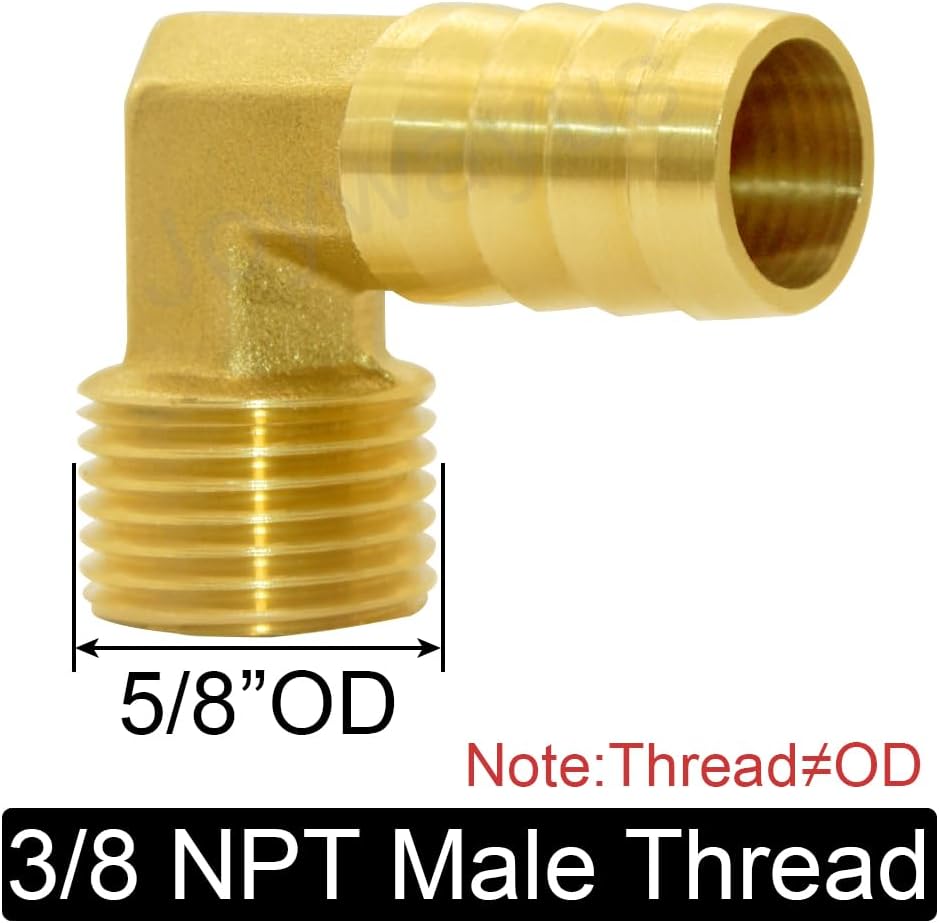 Brass Hose Fitting, 90 Degree Elbow, 1/2" Barb x 3/8" NPT Male Pipe Water/Fuel/Air Pack of 2