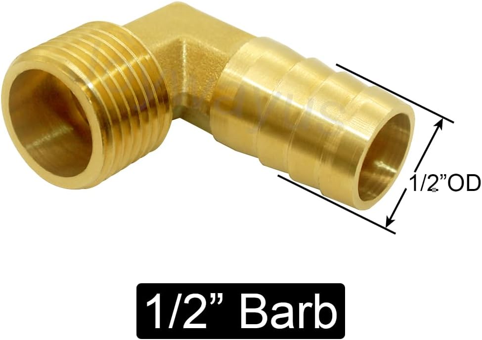 Brass Hose Fitting, 90 Degree Elbow, 1/2" Barb x 3/8" NPT Male Pipe Water/Fuel/Air Pack of 2