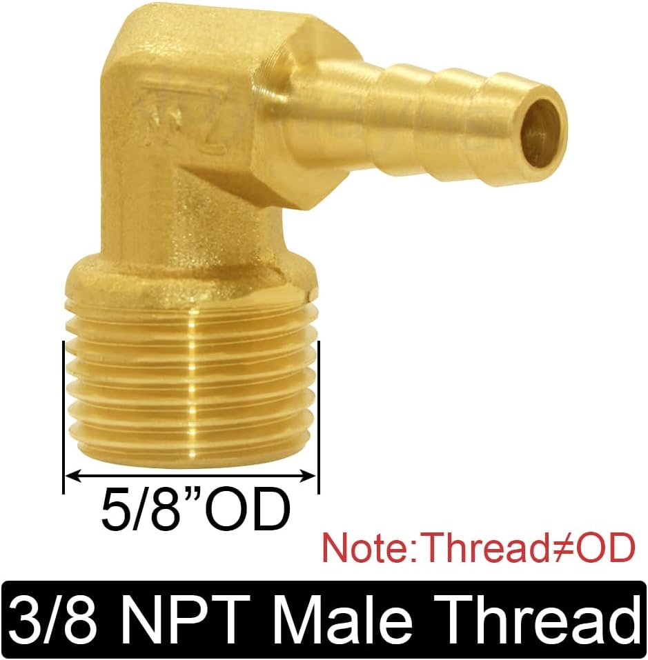 Brass Hose Fitting,90 Degree Elbow,1/4" Barb x 3/8" NPT Male Pipe Water/Fuel/Air Pack of 2