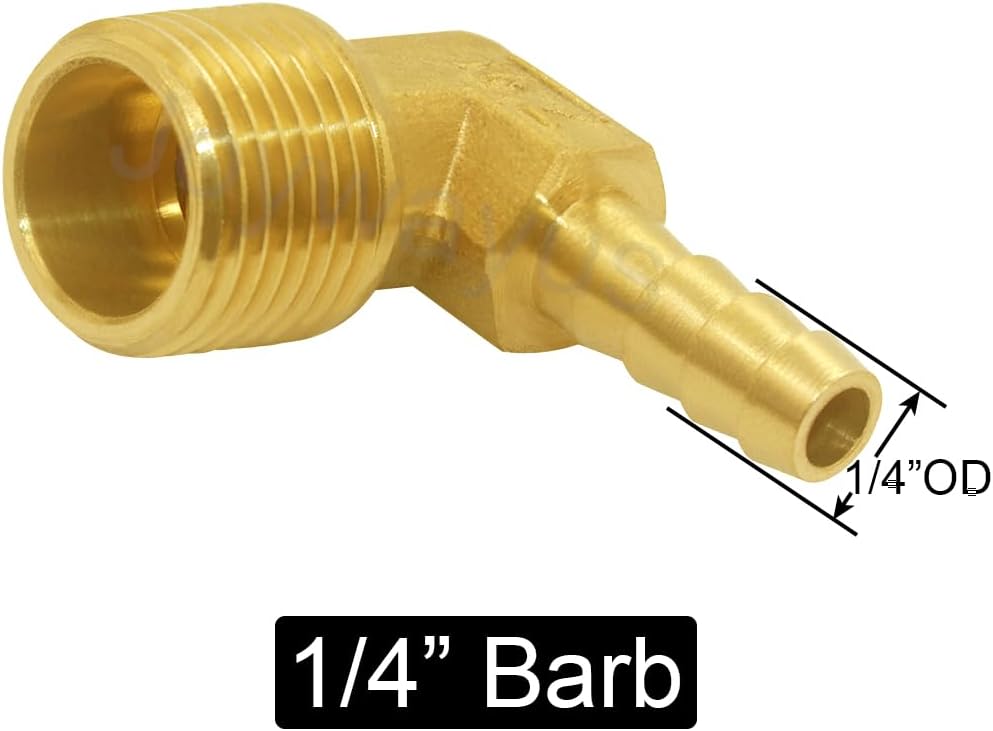 Brass Hose Fitting,90 Degree Elbow,1/4" Barb x 3/8" NPT Male Pipe Water/Fuel/Air Pack of 2