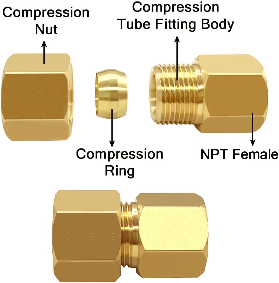 Brass Compression Tube Pipe Fitting 3/8" Tube OD Compression x 1/4" NPT Female Union Connector Pack of 2