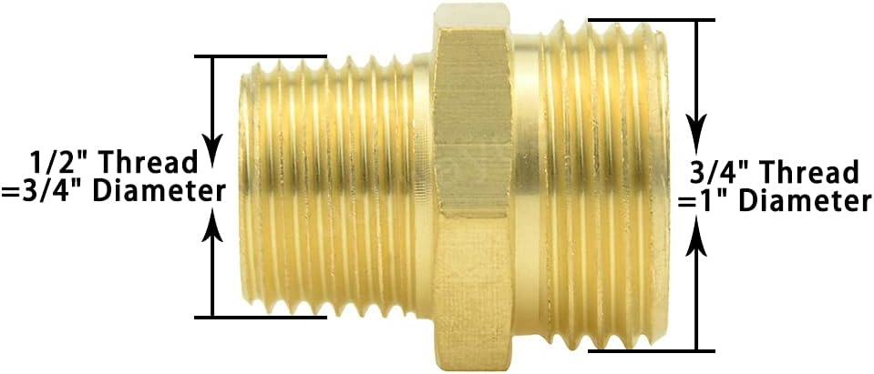 3/4" GHT Male x 1/2" NPT Male Brass Pipe Fittings Hex Nipple Adapter Pack of 2