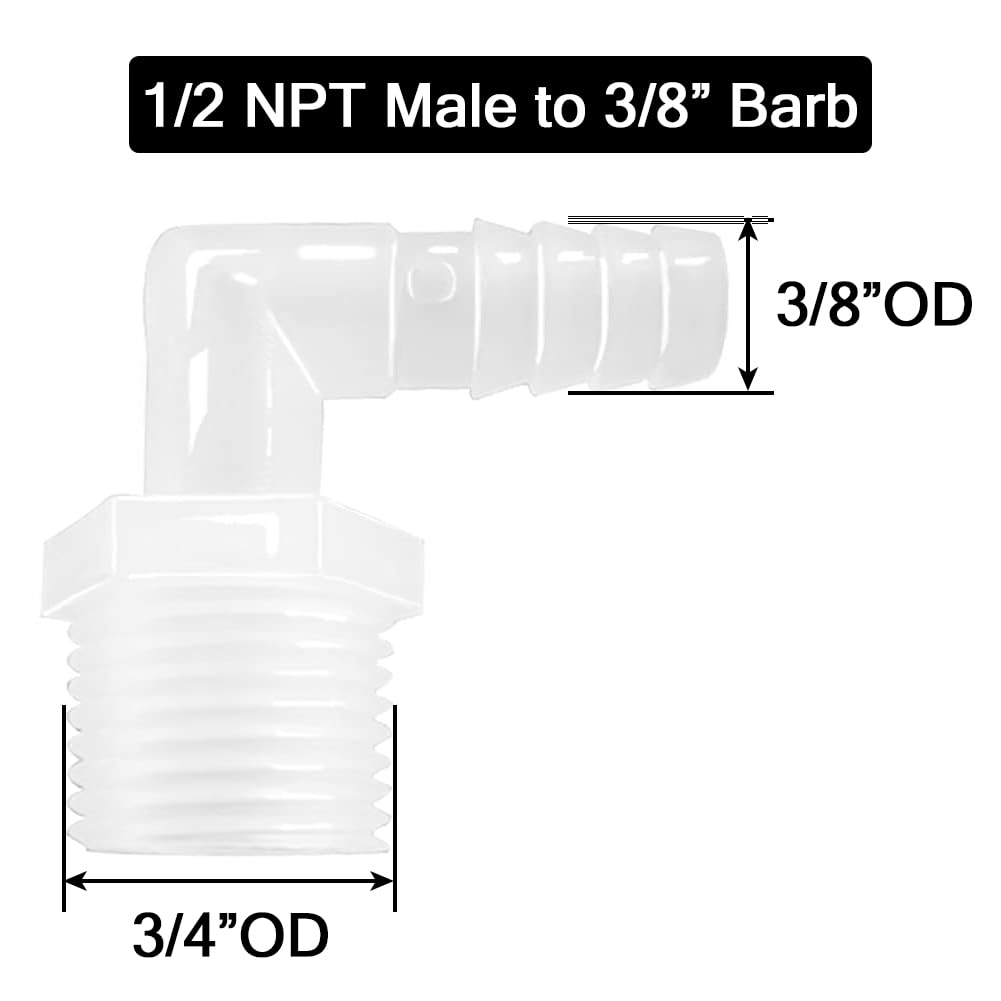 Plastic Hose Barb Fittings 90°Elbow 3/8" Hose Barb x 1/2" Male NPT Barbed Adapter Pipe Connectors Joint Splicer Mender Adapter Union Pack of 5