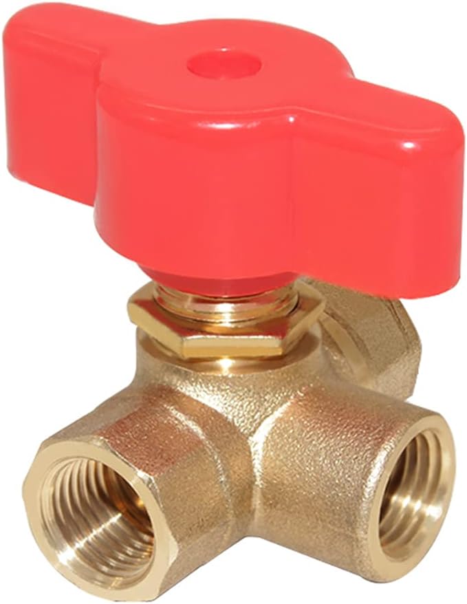 3-Way L-Port 1/4"NPT Female Brass Ball Valve Anti-Rust Forged Brass Shut Off Valve Fitting with Red Plastic Handle