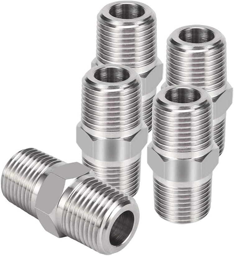 Hex Nipple 1/8"NPT Male x 1/8"NPT Male Threaded Stainless Steel 304 Threaded Nipple Pipe Fittings for Brew Kit Home Piping Pack of 5