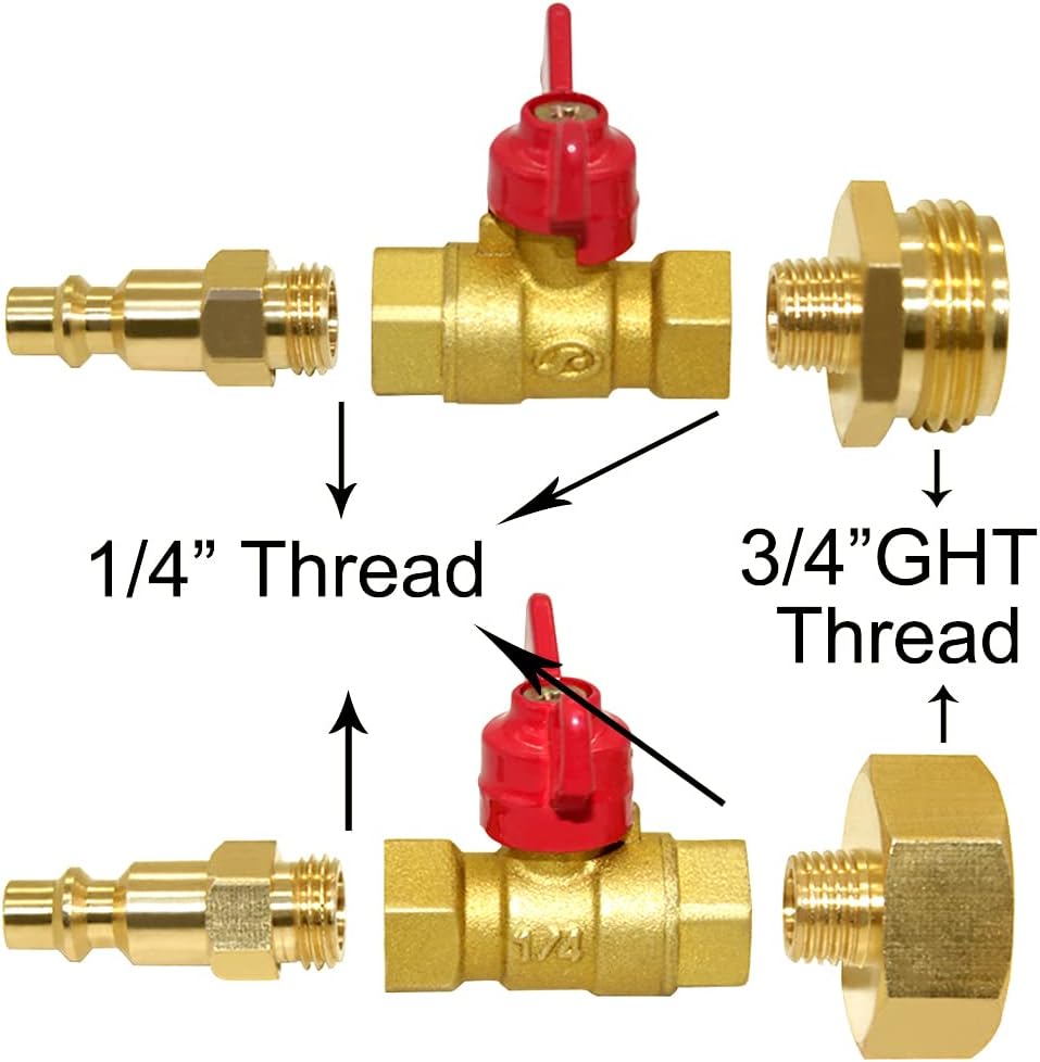 Brass Winterize Blowout Adapter Kit 1/4" Male Quick Connect to 3/4" Male or Female GHT Thread with Ball Valve Fitting Pack of 2