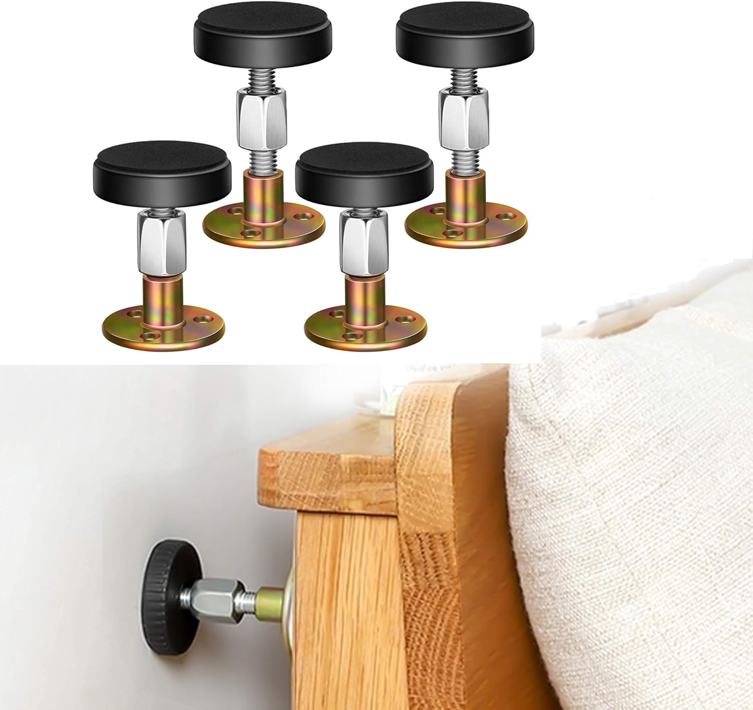 Adjustable Threaded Bed Frame Anti-Shake Tool, Headboard Stoppers, Bedside Anti Shake Tool for Beds Cabinets Sofas, 4PCs, 30-68mm
