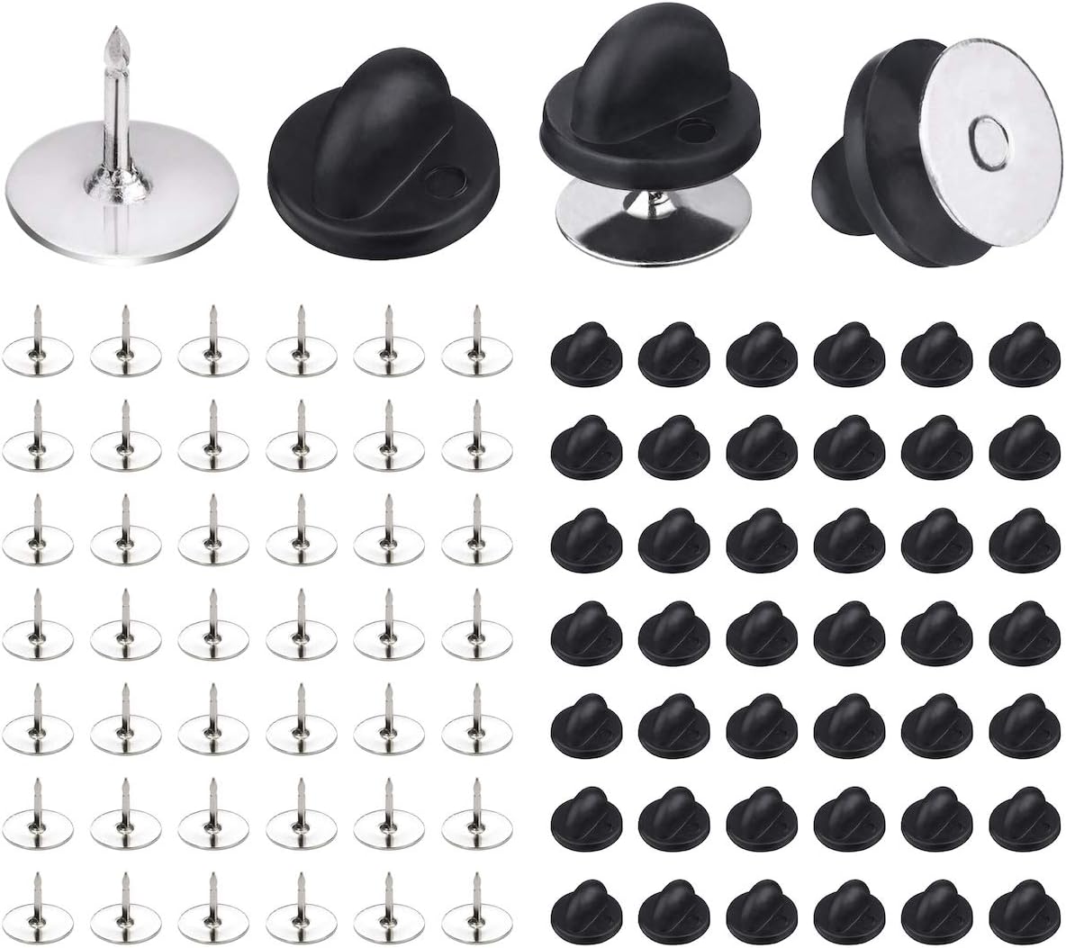 50 Pairs Pin Backings Tie Tacks Blank Pins with Rubber Backings Pinbacks for Crafts Silver Black, 50 Sets