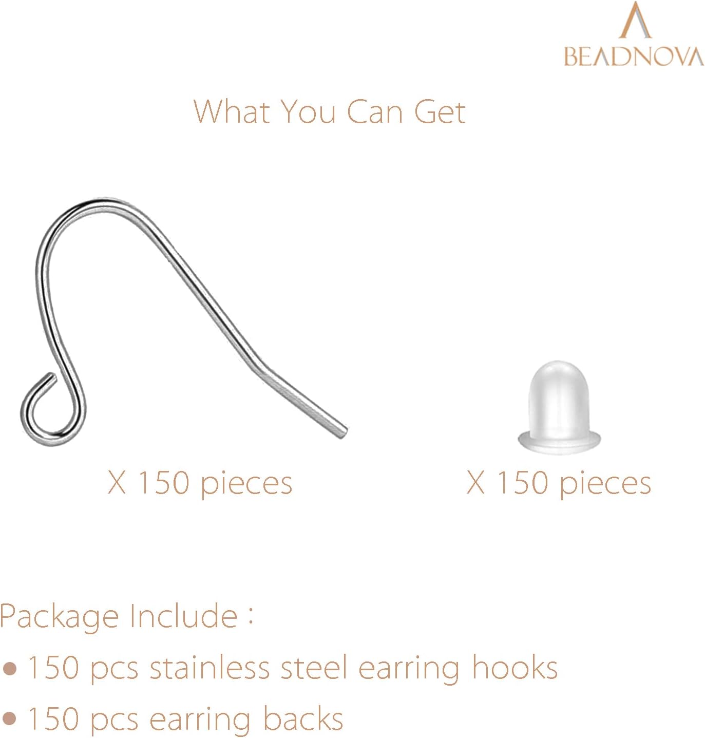 Earring Hooks 150pcs Stainless Steel Ear Wire Kits with Rubber Backs Earring Hook for Jewelry Making DIY Earwires Supplies 150pcs Ear Wires and 150 pcs Backs, Total 300pcs