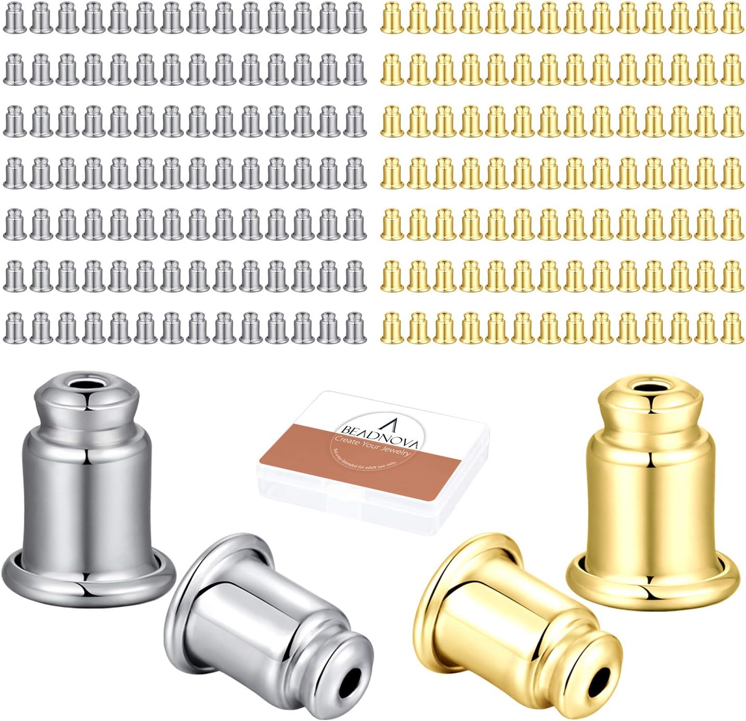 Safety Backs for Earrings Secure Earring Backs Replacements Hypoallergenic Pierced Ear Stud Stoppers for Studs Lock Earstud Backings for Posts 200pcs, Silver and Gold