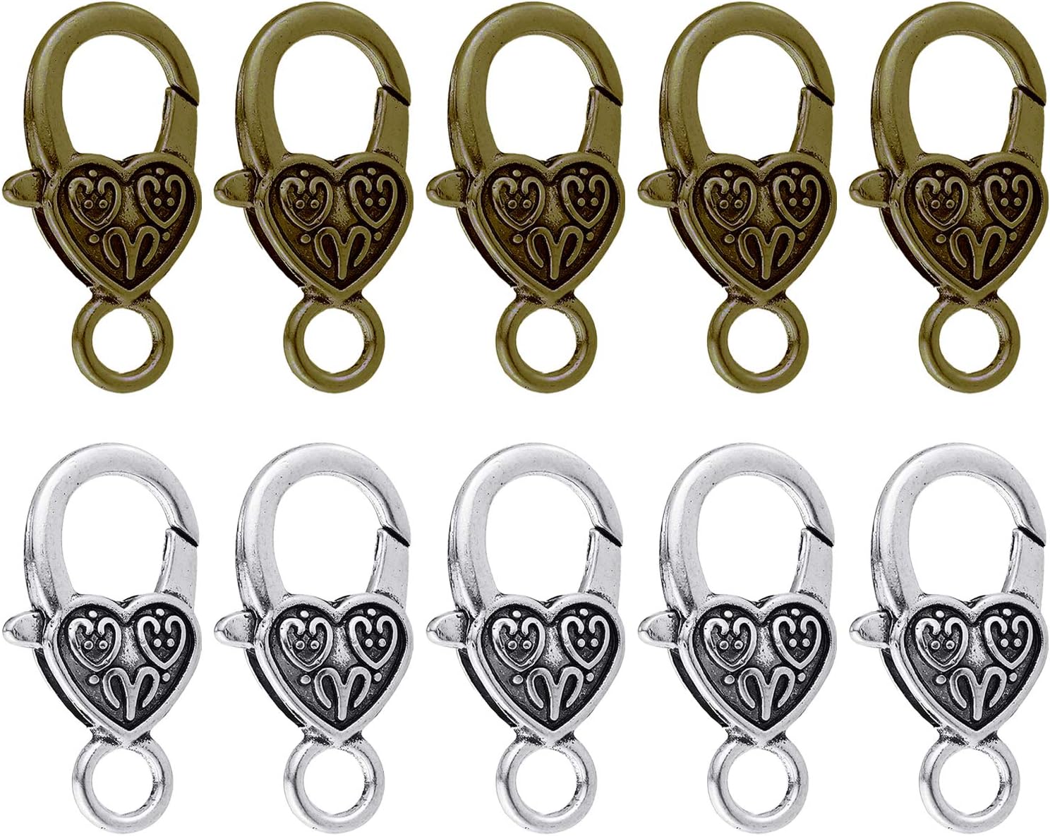 Heart Lobster Clasps 20 Pieces Large Tibetan Antique Heart Lobster Claw Clasps for Jewelry Making Findings Crafts 10pcs Silver, 10pcs Bronze