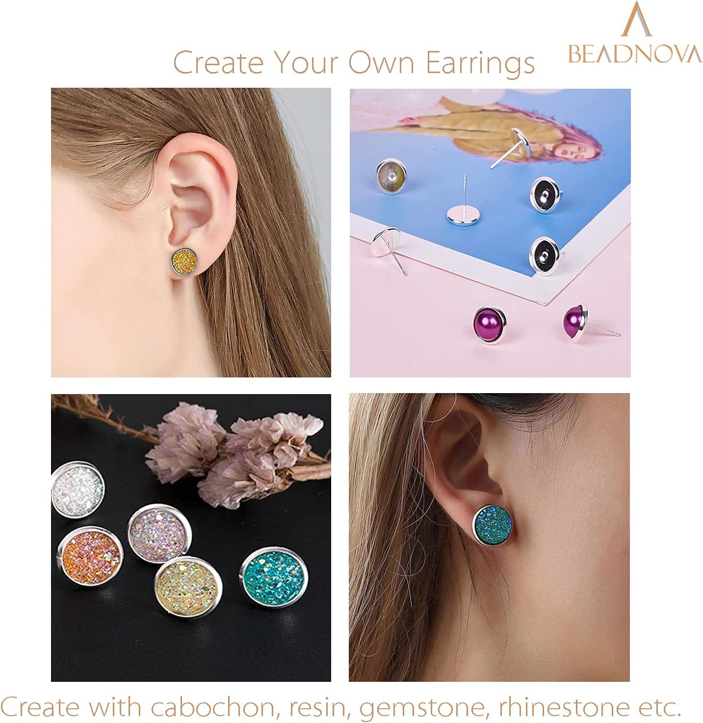 60pcs Blank Earring Studs 12mm Stainless Steel Cabochon Setting Post With Backs for Resin DIY Earstud Making