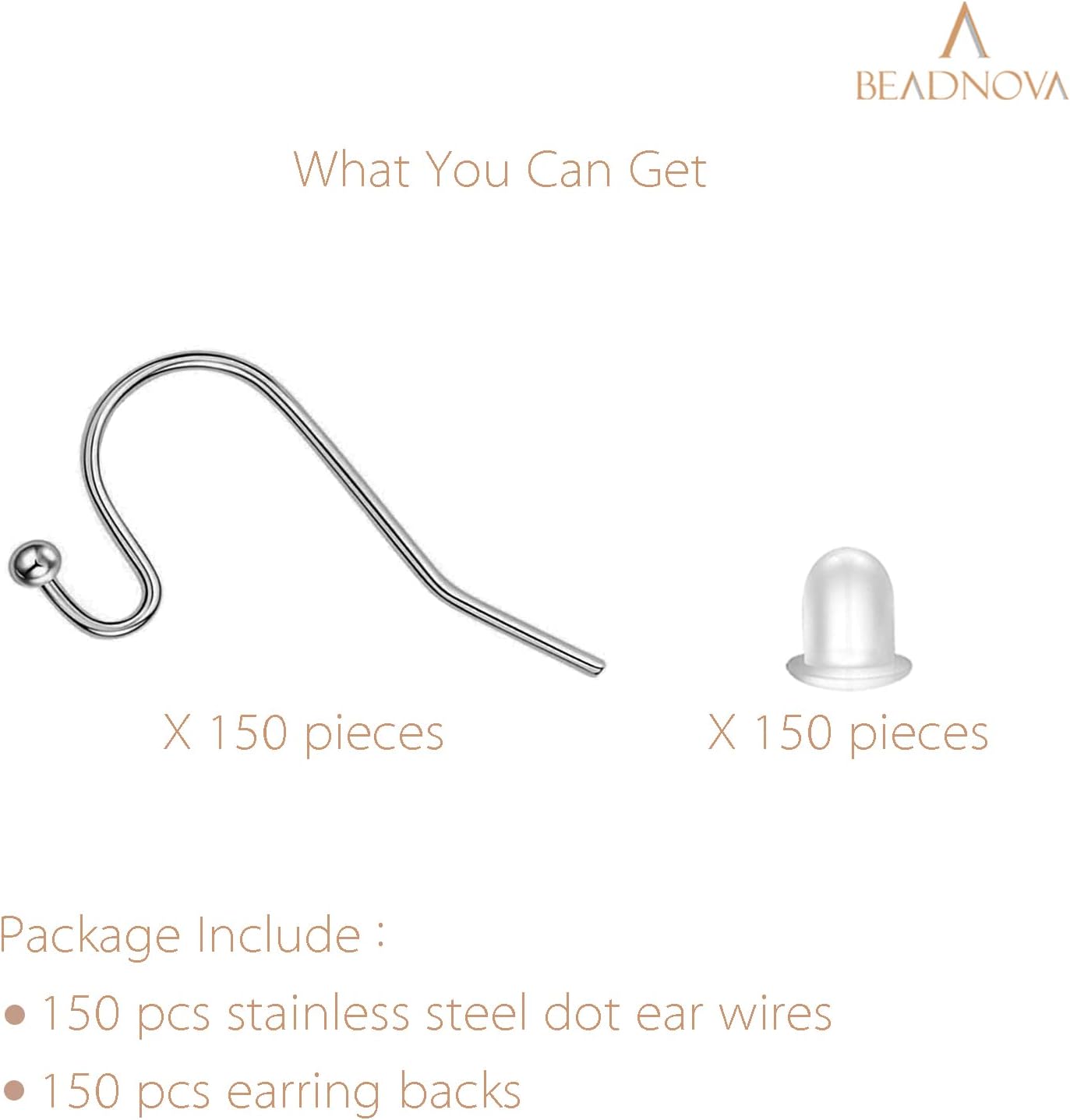 Earring Hooks 150pcs Stainless Steel Ball Dot Ear Wire with Rubber Backs Earwire for Jewelry Making Earring Supplies 150pcs Ear Wire and 150 pcs Backs, Total 300pcs