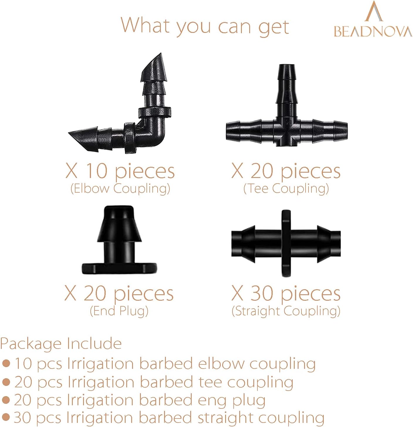 Drip Irrigation Parts 80 Pcs Mix 1/4 Inch Barbed Tee Elbow Straight Couplings End Plugs Fittings Drip Line Connectors for 1/4 Inch Irrigation Tubing Garden Watering System