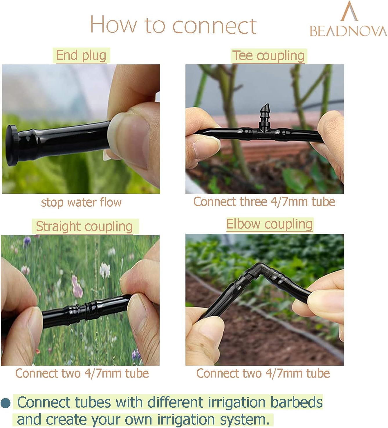 Drip Irrigation Parts 80 Pcs Mix 1/4 Inch Barbed Tee Elbow Straight Couplings End Plugs Fittings Drip Line Connectors for 1/4 Inch Irrigation Tubing Garden Watering System