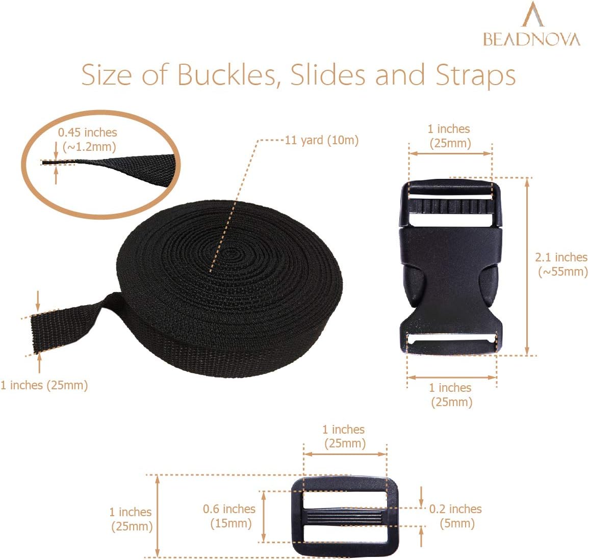 Plastic Buckle Kit Nylon Strap with Quick Release Buckle 12 Sets 1 Inch and Tri-Glide Slides with 11 Yards Nylon Strapping 1 Inch Black
