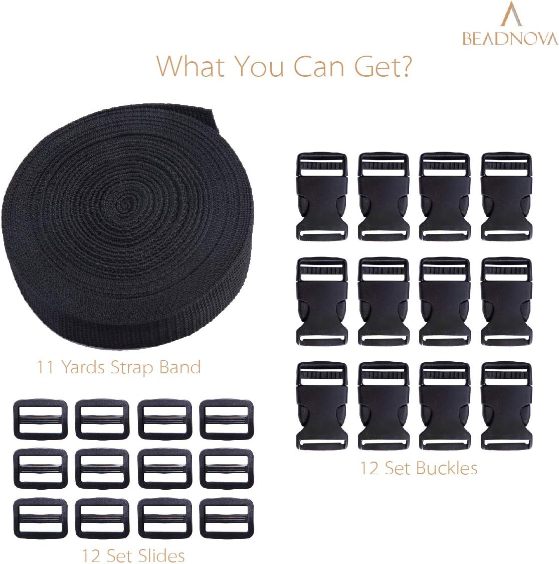 Plastic Buckle Kit Nylon Strap with Quick Release Buckle 12 Sets 1 Inch and Tri-Glide Slides with 11 Yards Nylon Strapping 1 Inch Black
